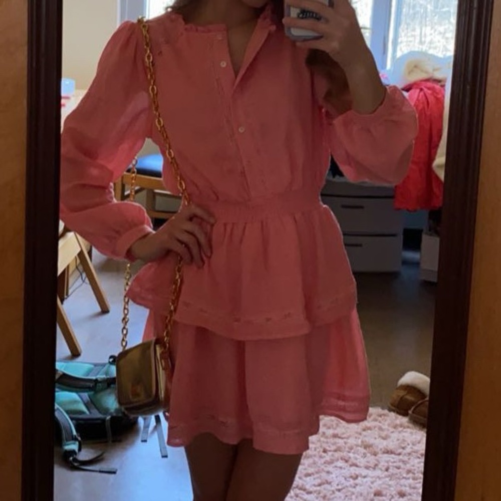AVA+ESME— Peach Dress with ruffle skirt and button up front